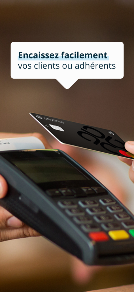 Close-up of a contactless payment being made with an Anytime Mastercard on a terminal for a professional account