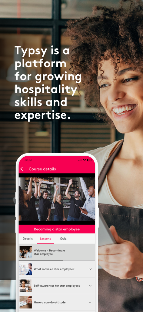 Typsy Mobile - A smartphone screen displaying a hospitality training course on the Typsy app next to a smiling service worker