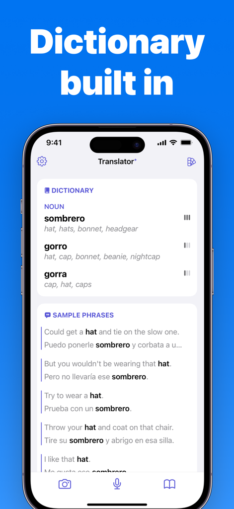 Translator +ㅤ - Translator plus app screenshot showing built-in dictionary and sample phrases in Spanish and English