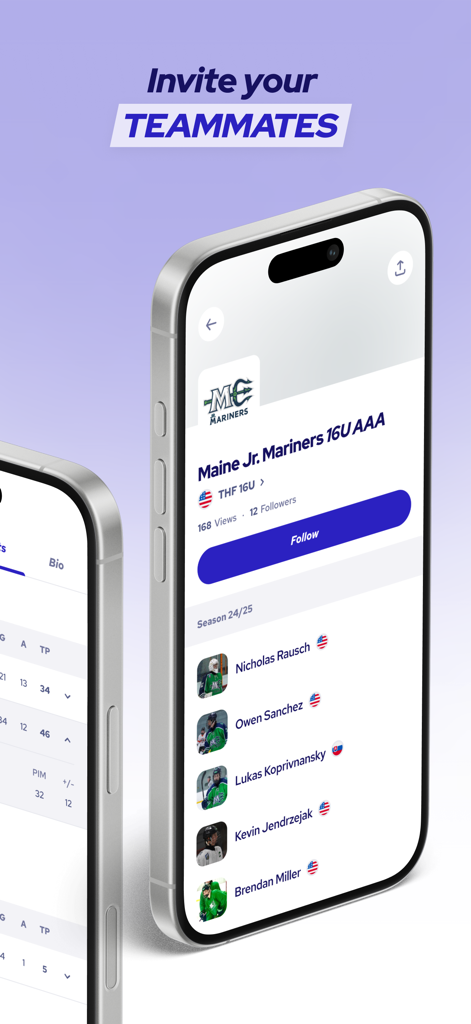 GRAET - Smartphone displaying a youth hockey team roster and an invite teammates call to action on the GRAET app