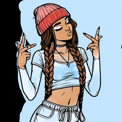 realistic teenage girl with braids and a beanie and crop top doing 🫶🏼