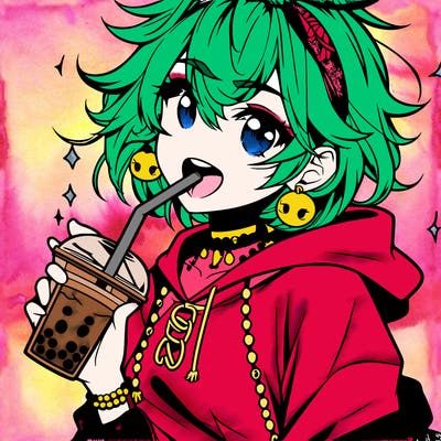 hot baddie anime girl drinking boba and biting the straw