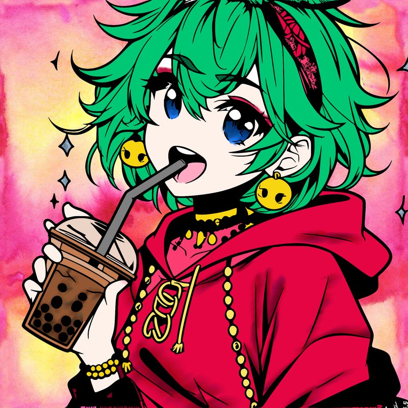 hot baddie anime girl drinking boba and biting the straw