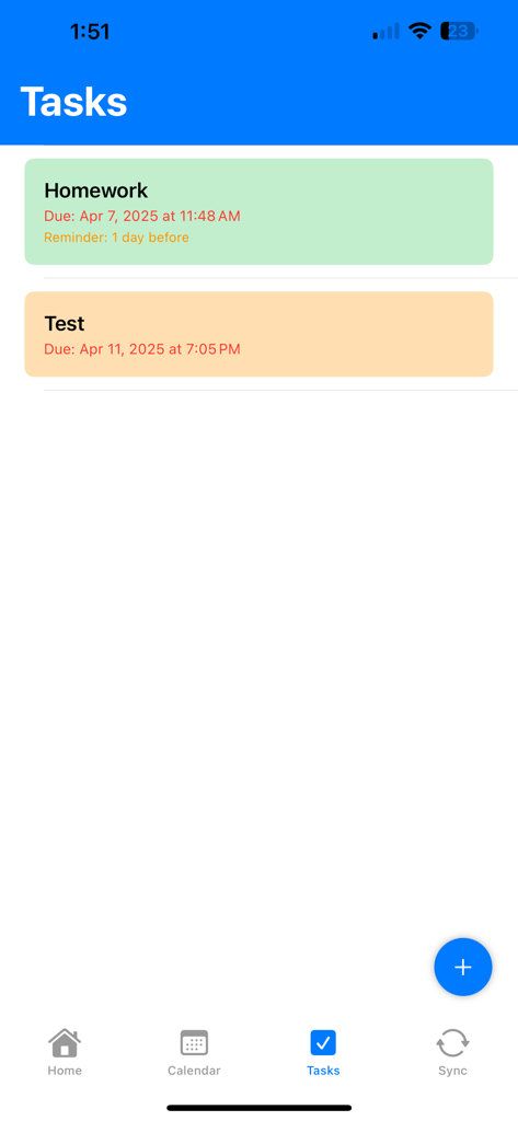 RM Daily Planner - Task management screen in the RM Daily Planner app displaying a list of academic tasks like homework and tests with due dates