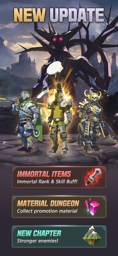 Dungeon of Gods game update screen with armored warriors and new dungeon features