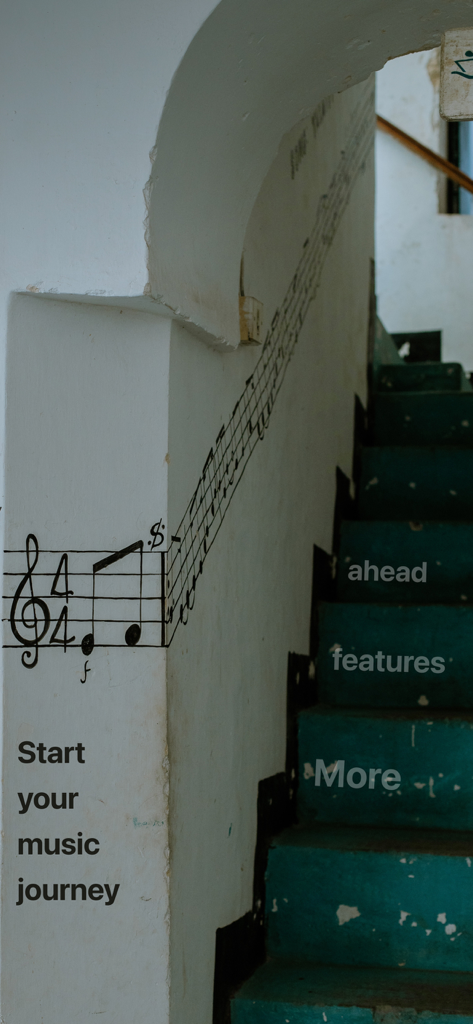 Uke Tuner: Song Chord Ukulele - Wall with musical notes and blue stairs with the text Start your music journey