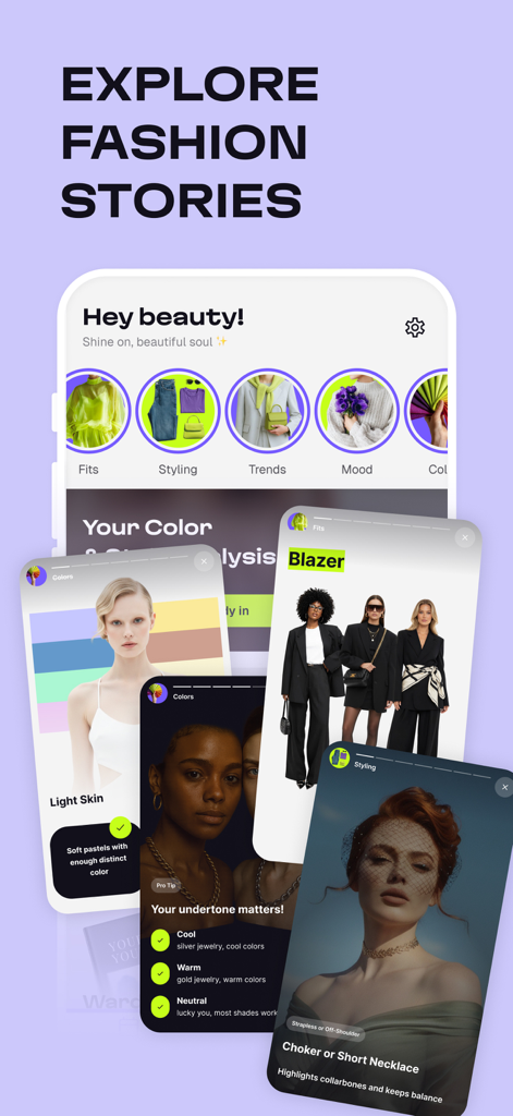 Outfit Maker & Planner: Stylix - Stylix App-Oberfläche, die persönliche Stilgeschichten und Farbempfehlungen anzeigt