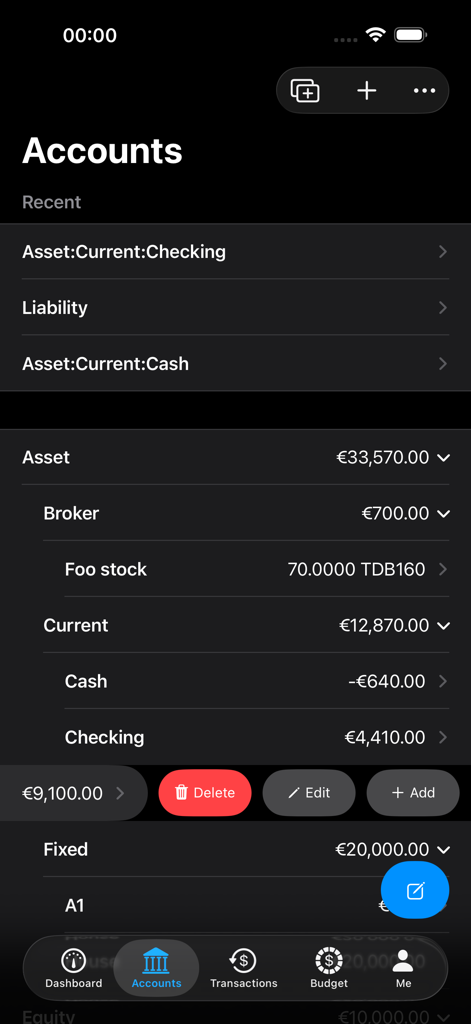 MyLedger: GnuCash Companion - La pantalla de cuentas de la aplicación MyLedger muestra una lista detallada de activos financieros y saldos de acciones en una interfaz de modo oscuro.