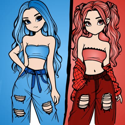 2 girls in crop tops and baggy jeans ripped