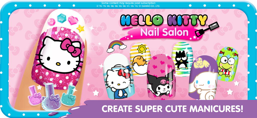 Hello Kitty Nail Salon promotional image featuring colorful character nail designs
