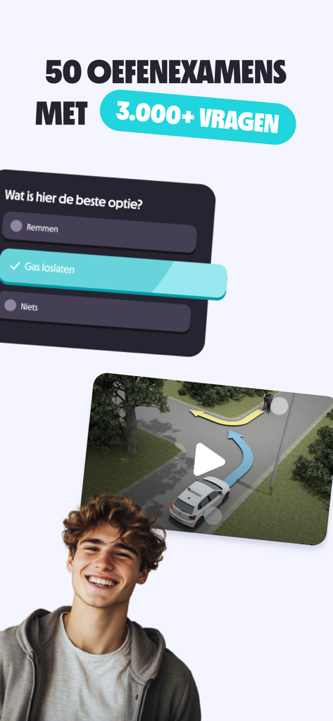 On My Way - Um jovem sorrindo ao lado de perguntas de prática de teoria de direção e um vídeo instrucional interativo no aplicativo A Caminho