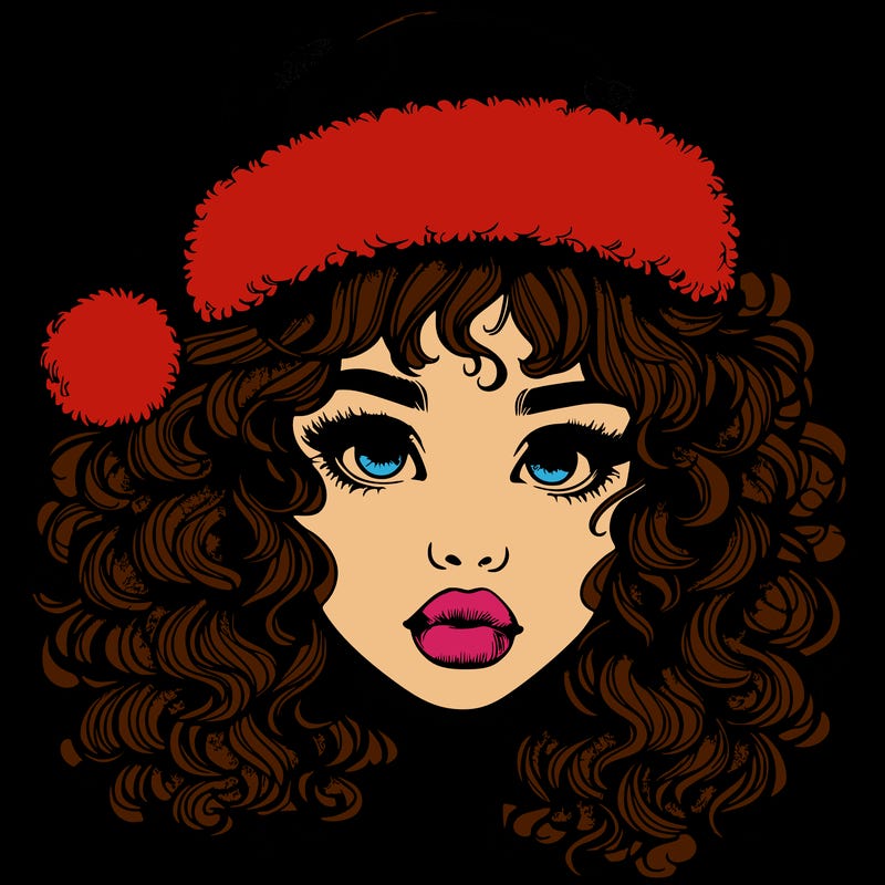 realistic girl with a santa hat curly hair and lips
