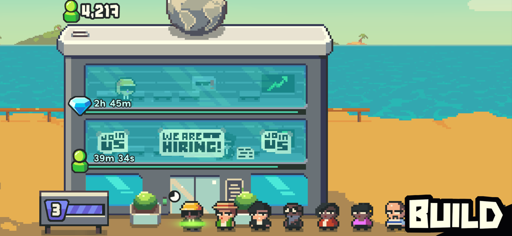 Earth Inc. Tycoon Idle Miner - Pixel-Art-Gebäude in Earth Inc. Tycoon mit einem Schild 'Wir suchen Mitarbeiter' und einer Schlange von Arbeitern an einem Strand.