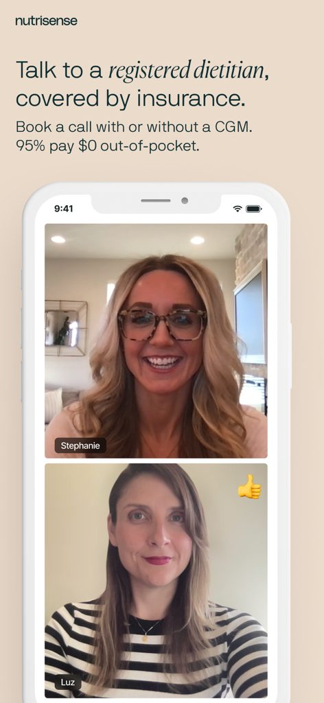 Interface do aplicativo Nutrisense mostrando uma videochamada com um nutricionista registrado para aconselhamento nutricional personalizado.