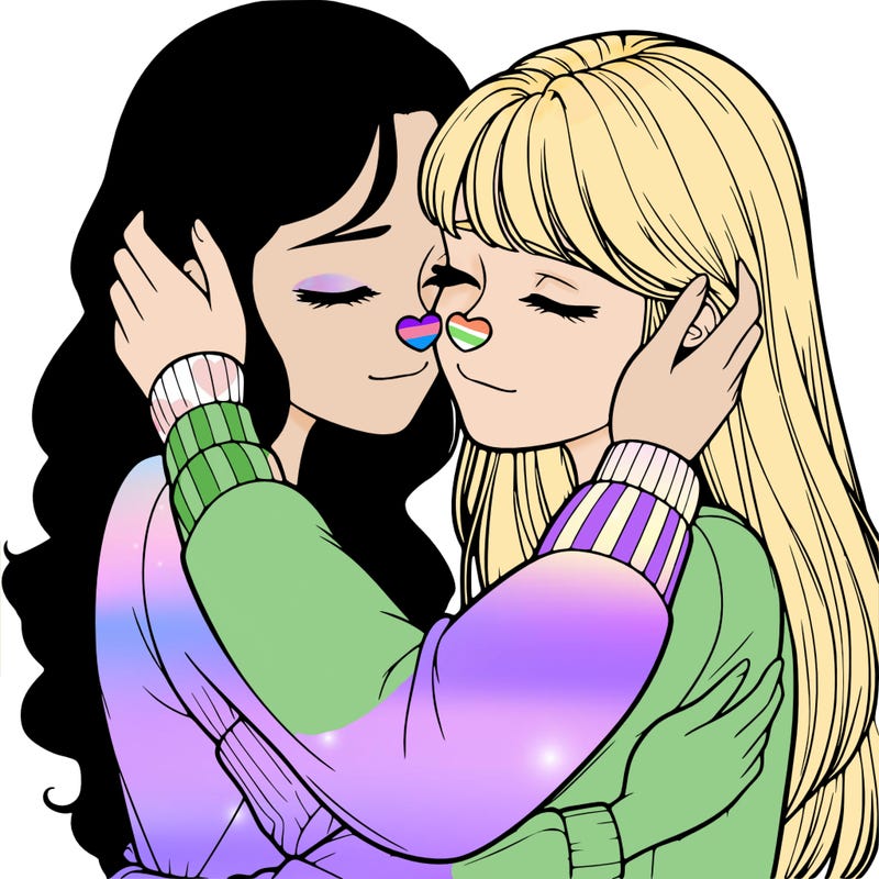 two realistic girls hugging with noses