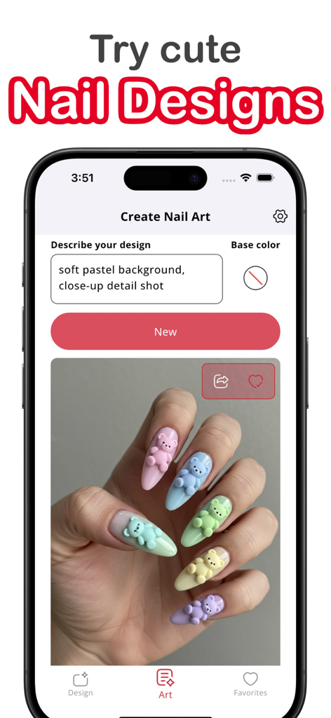 Interfaz de la aplicación AI Nail Designer mostrando un diseño de arte de uñas generado con uñas almendradas de colores pastel y dijes de ositos de peluche 3D a juego.
