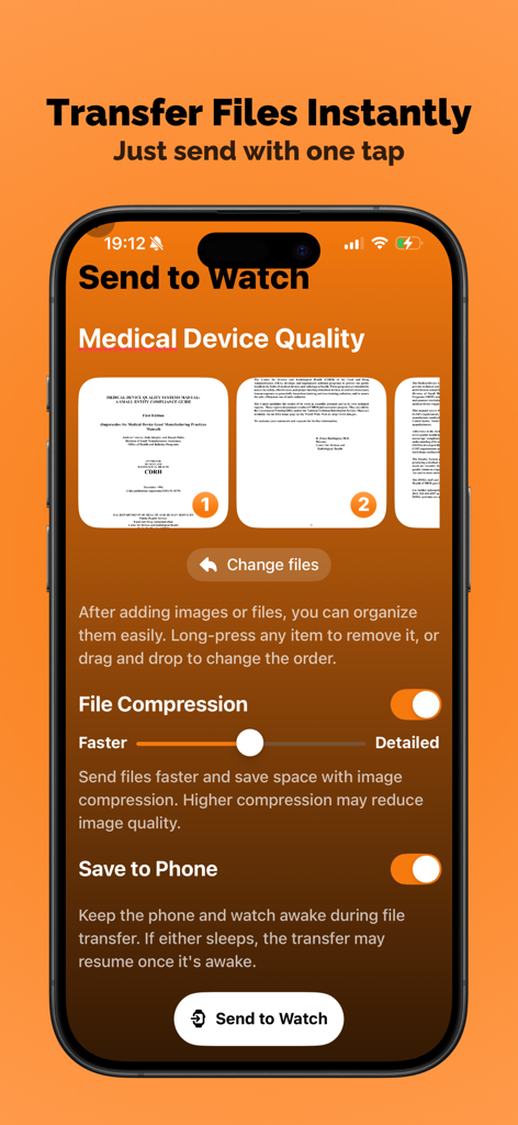 Files on Watch - HandyFiles - HandyFiles app interface on iPhone showing a PDF document ready to sync with Apple Watch