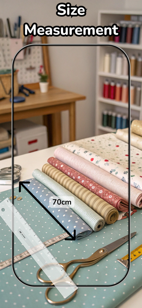 Ruler app interface measuring the length of a fabric roll in a crafting workshop.