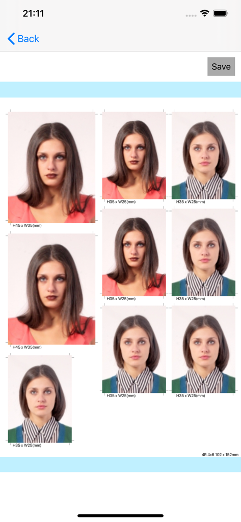 ID Photo application - Multiple ID photos of different sizes arranged on a 4x6 print sheet in the application