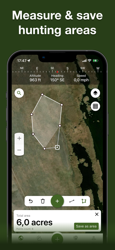 Hunting Points: GPS & Hunt App - A smartphone interface showing a satellite map with a drawn polygon measuring a six acre hunting area.