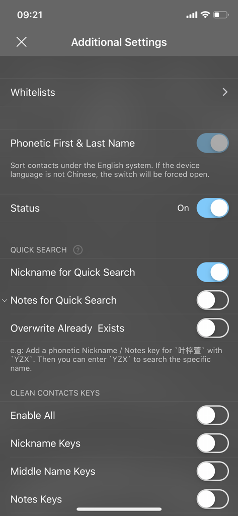 Additional settings screen for Phonetic Contacts showing configuration options for search and sorting