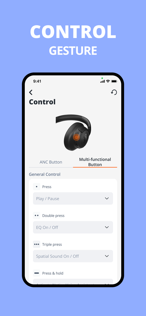 JBL Headphones app interface for customizing multi-functional button gestures and controls