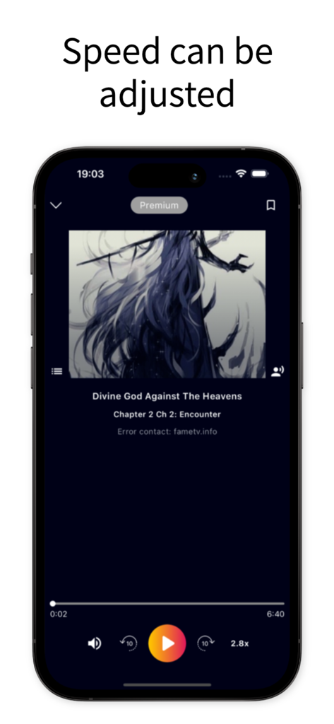 NovelFull Audio - NovelFull Audio app interface showing playback controls and 2.8x speed adjustment for a Chinese web novel