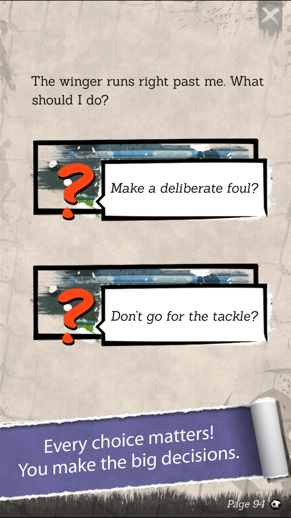 An interactive choice screen in the New Star Soccer G-Story app where players decide whether to foul or not tackle an opponent.