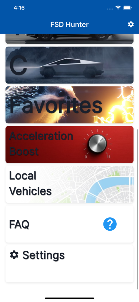 Main menu of the FSD Hunter app showing navigation options for used Tesla searches