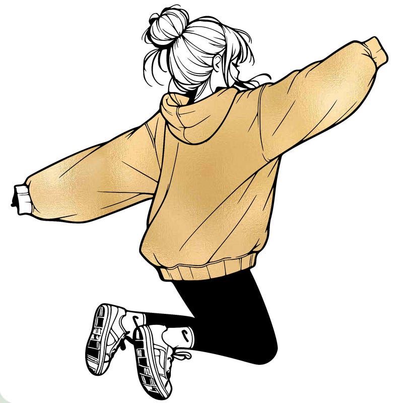 realistic girl jumping with a bun and oversized sweatshirt
