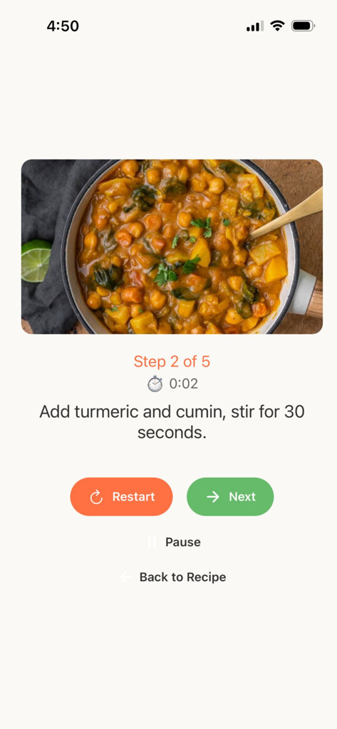 Anti Inflammatory Diet. App - A step by step cooking instruction for a healthy chickpea stew with turmeric in the Anti Inflammatory Diet app