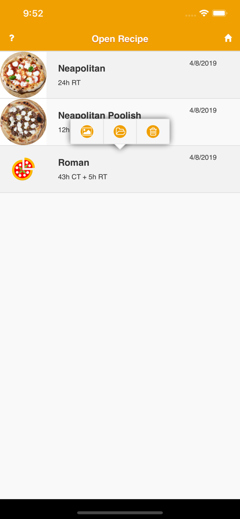 PizzApp+ - A list of saved pizza dough recipes in PizzApp showing Neapolitan and Roman styles with fermentation times