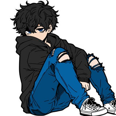 a male hoddie ripped jeans messy hair anime