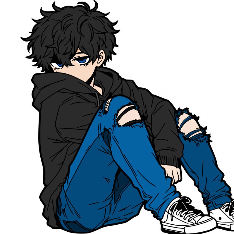 a male hoddie ripped jeans messy hair anime