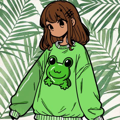 girl wearing frogging sweatshirt
