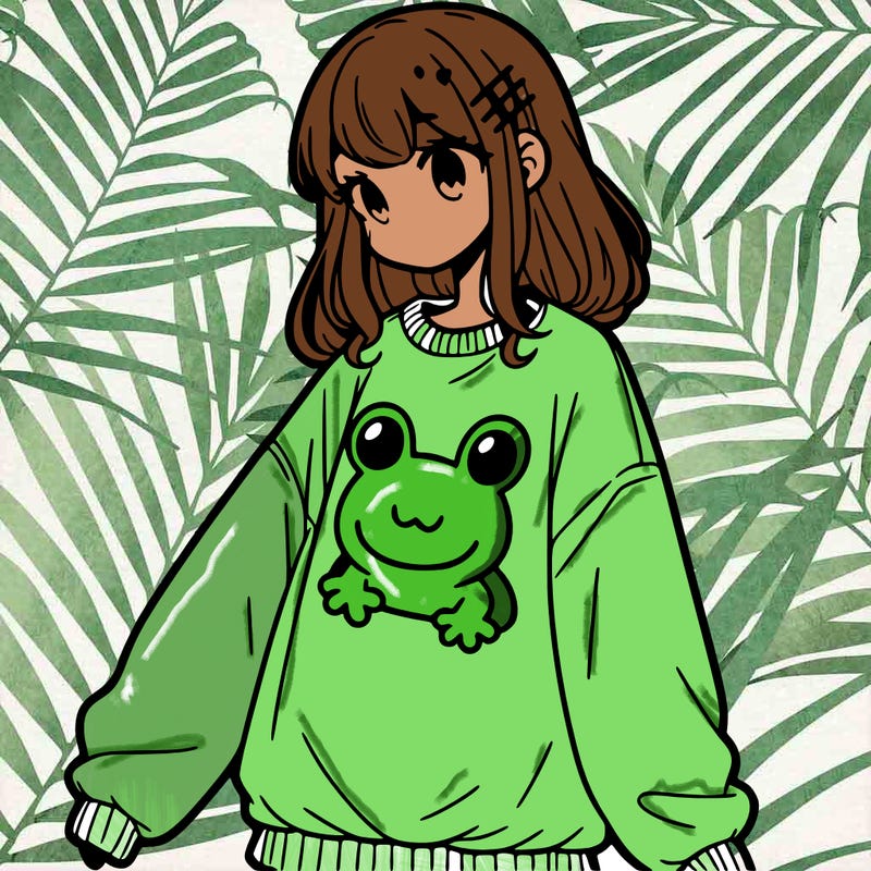girl wearing frogging sweatshirt