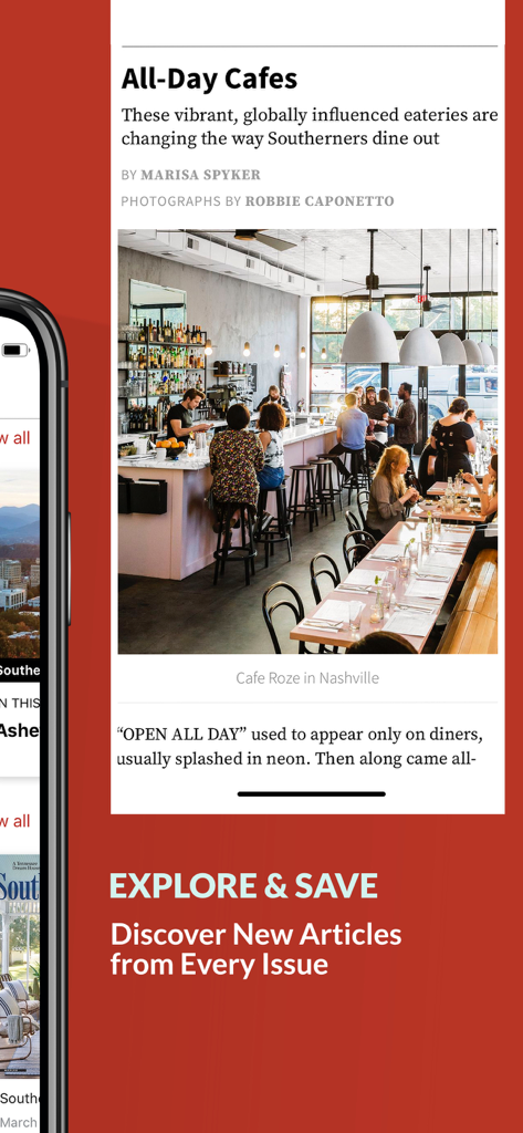 Southern Living Magazine - Southern Living app interface showing an article about Nashville cafes and a prompt to explore new magazine content