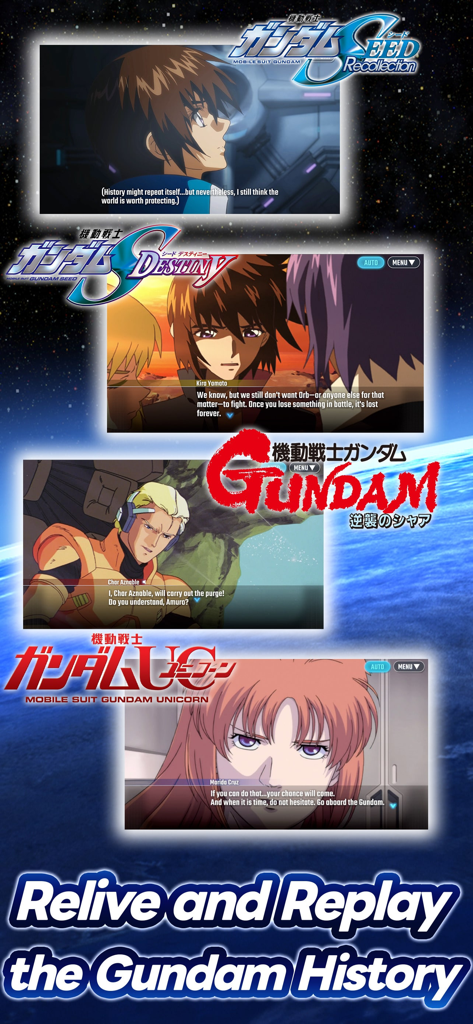 Collage di scene iconiche da Gundam SEED, SEED Destiny, Char's Counterattack e Unicorn con il testo Rivivi e Rigioca la storia di Gundam.