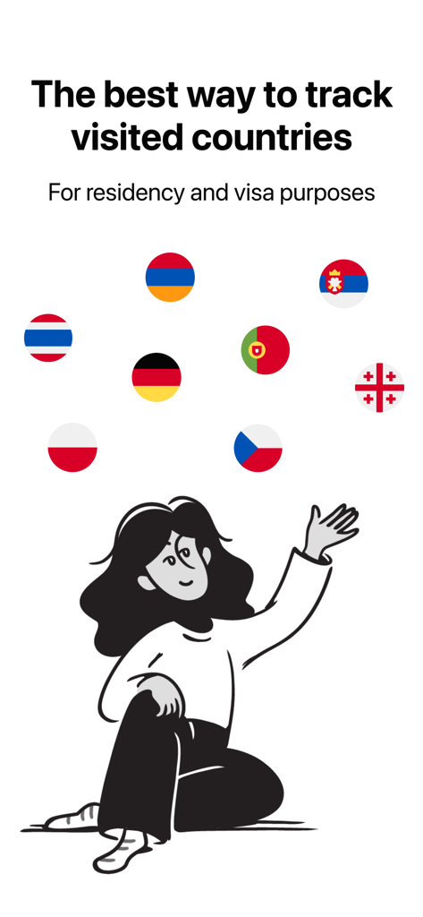Country Tracker Pro - Uma ilustração de uma mulher rastreando bandeiras de países visitados para fins de residência e visto