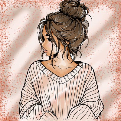 realistic girl wearing a messy bun and an oversized sweater