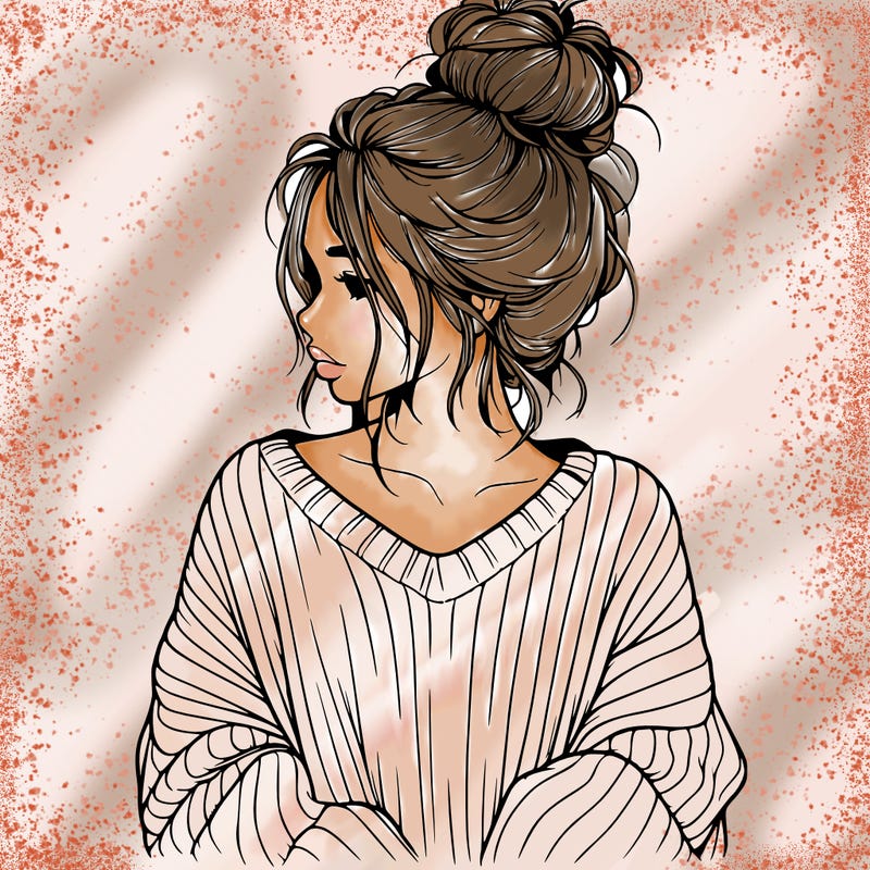 realistic girl wearing a messy bun and an oversized sweater