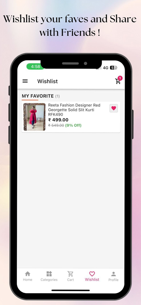 Reeta Fashion- Online Shopping - Reeta Fashion app wishlist screen showing a designer red georgette slit kurti