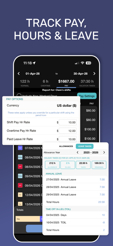My Shift Planner - Calendar - Interface of the My Shift Planner app showing shift pay settings and leave tracking features