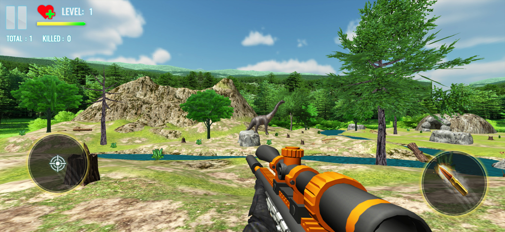 Dinosaur Hunting World Game - First person view of a sniper rifle aiming at a long neck dinosaur in a 3D forest environment
