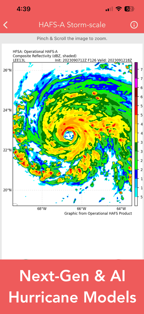 National Hurricane Center Data - Technische Sturm-Skala-Zusammengesetzte Reflektivitätskarte aus der App National Hurricane Center Daten, die die Hurrikanintensität zeigt