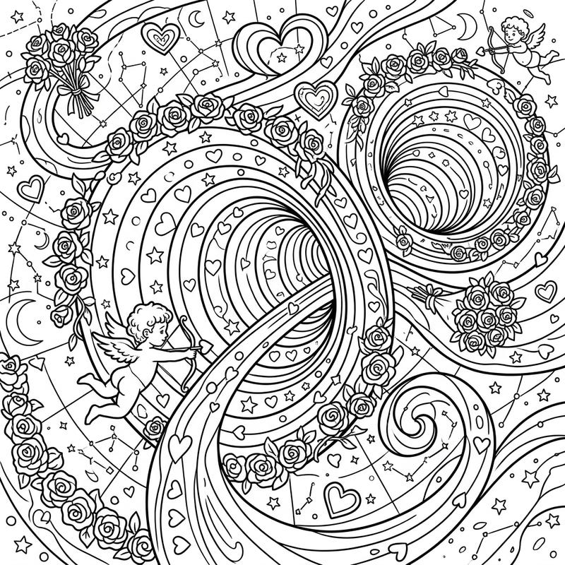 Dive into a unique Valentine's Day celebration with this captivating coloring page, blending the mysteries of wormholes with the charm of romantic symbols. Adorn intricate celestial pathways filled with hearts, roses, and playful Cupids.