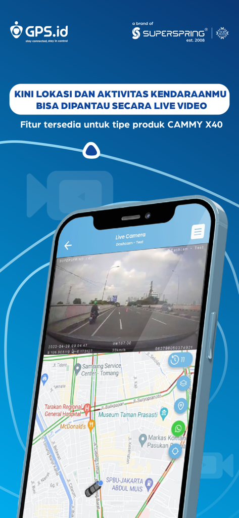 GPS.id by Super Spring - GPS.id app interface showing live dashcam video feed and real-time vehicle location on a map