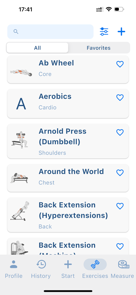 Smart Gym Workout Tracker - Tela da biblioteca de exercícios no aplicativo Smart Gym Workout Tracker mostrando uma lista de exercícios, incluindo Ab Wheel e Arnold Press.