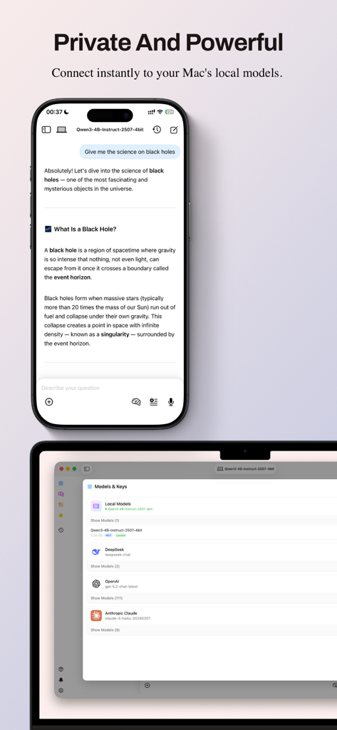 OneChats AI - Pantallas de smartphone y portátil mostrando One Chats AI conectándose a modelos de IA locales y en la nube.