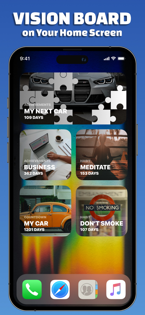 Day Counter Widget - DYZO - Pantalla de inicio estética de iPhone con widgets de tablero de visión para cuentas regresivas de objetivos y seguimiento de hábitos.